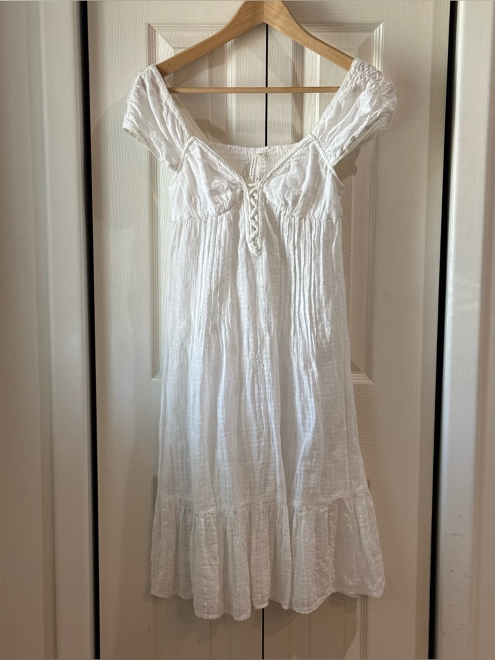 Anthropologie White Cotton Gauze Midi Dress with Braided Tie